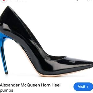 Alexander McQueen horn heel pump black with metallic blue heels size 40.
